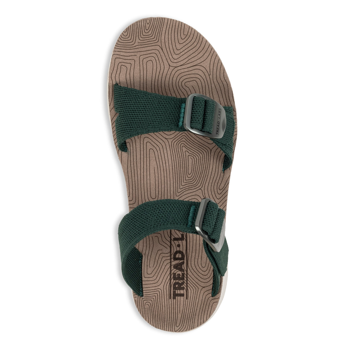 Overhead flat lay of Tread Labs Salinas Slide women's sandal in Ivy green showing adjustable strap buckles and arch support insole