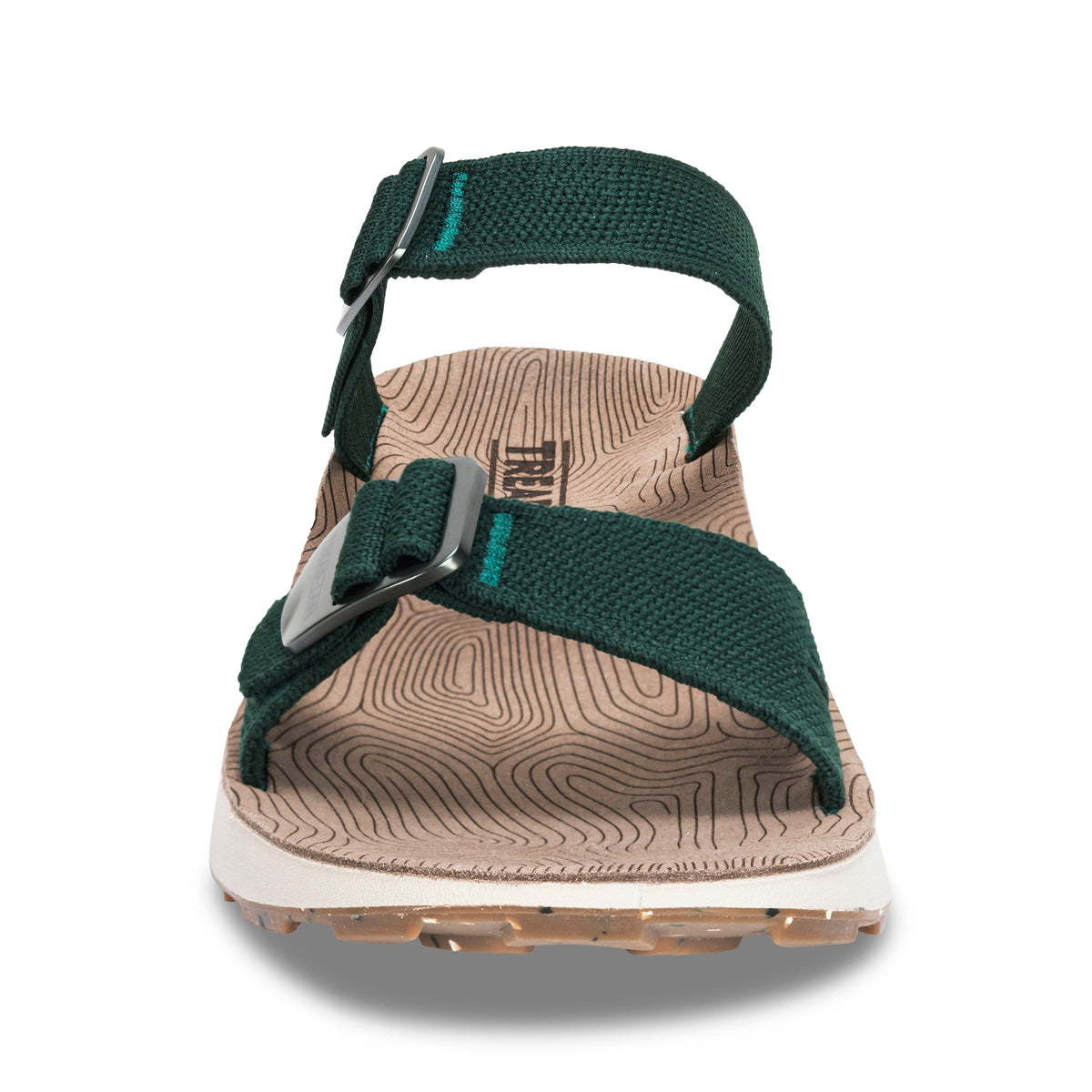 Front close-up of Tread Labs Salinas Slide sandal in Ivy green highlighting adjustable metal buckle straps