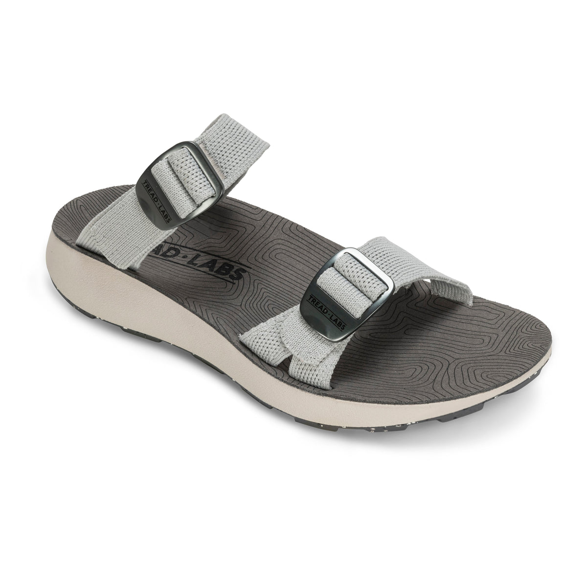 Women's Tread Labs Salinas Slide sandal in Mirage grey - three-quarter view showing contoured arch support insole