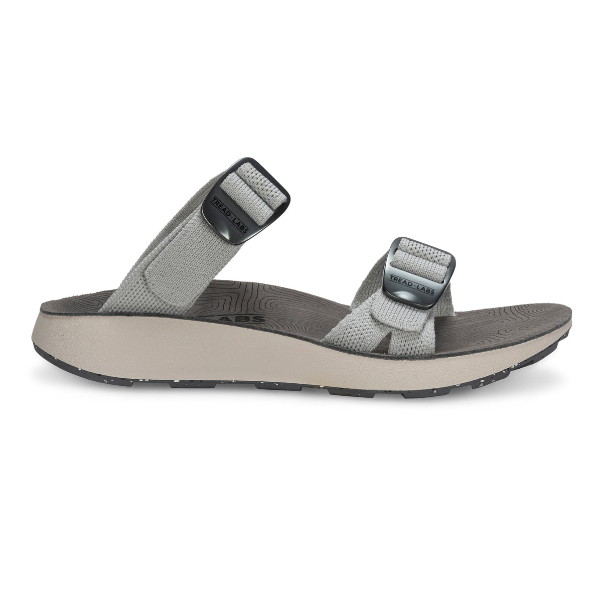 Tread Labs Salinas Slide women's sandal in Mirage grey - side profile view showing adjustable buckle straps and cushioned arch support footbed