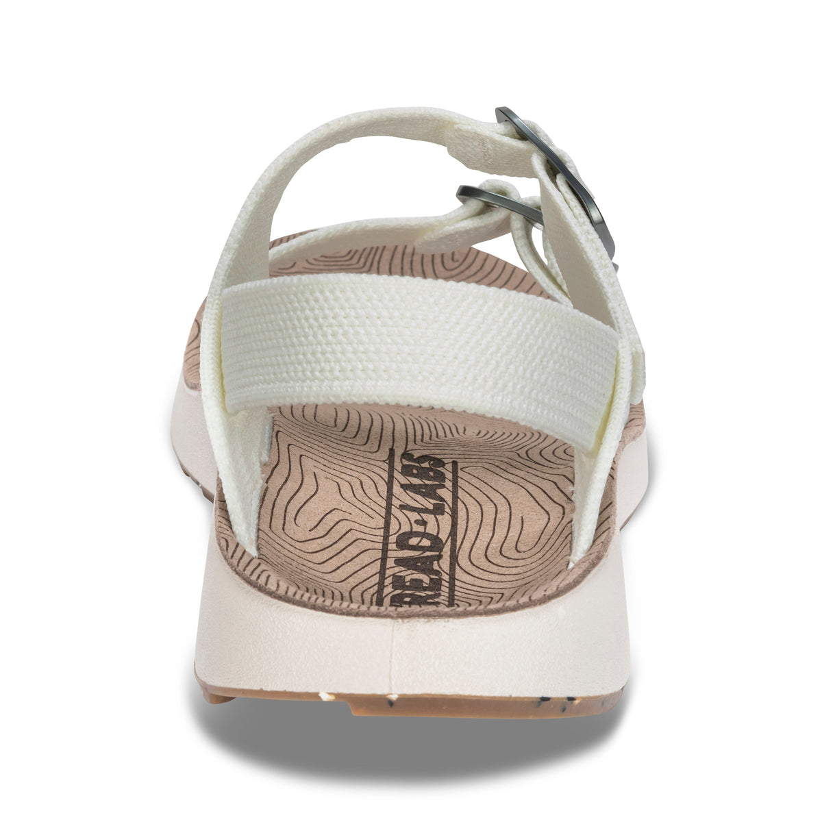 Back heel view of Tread Labs Salinas Slide sandal in Coconut white showing textured arch support footbed