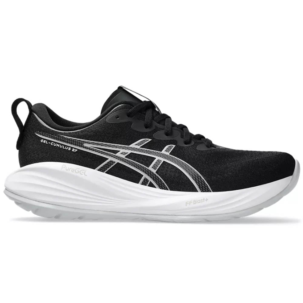 Side view on white background of Womens Asics Gel-Cumulus running shoe in Black/Concrete, Narrow width