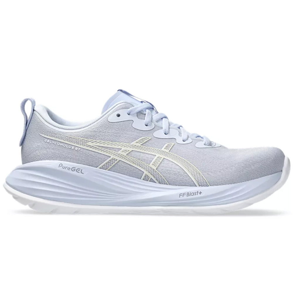 Side view on white background of Womens Asics Gel-Cumulus running shoe in Blue Fade/White, Medium (Regular) width