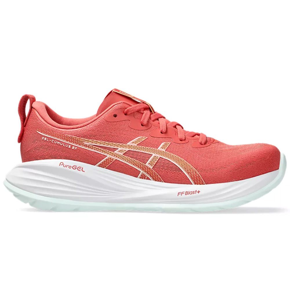 Side view on white background of Womens Asics Gel-Cumulus running shoe in Dark Pink Clay/Cream, Medium (Regular) width