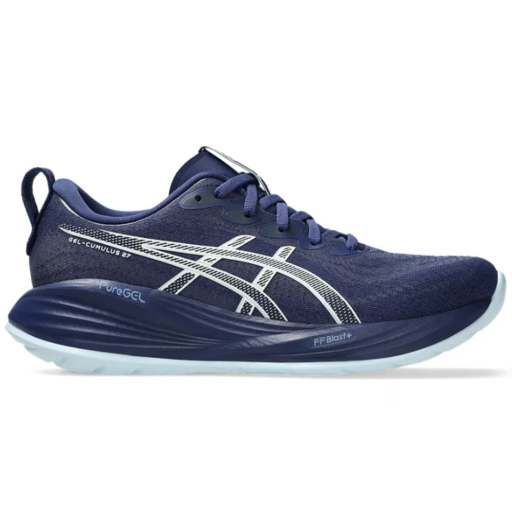 Side view on white background of Womens Asics Gel-Cumulus running shoe in Indigo Blue/Cool Grey, Medium (Regular) width