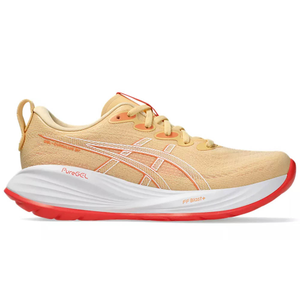 Side view on white background of Womens Asics Gel-Cumulus running shoe in Light Orange/Mojave, Medium (Regular) width