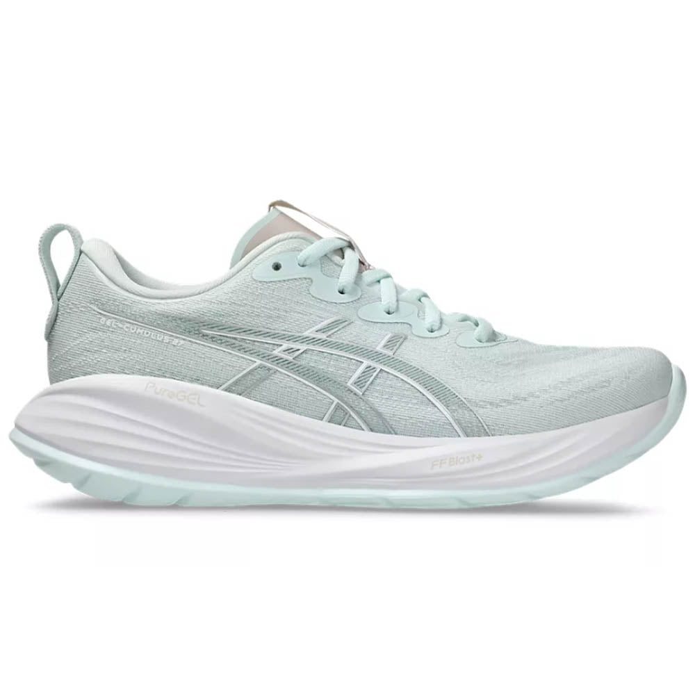 Side view on white background of Womens Asics Gel-Cumulus running shoe in Pure Aqua/White, Medium (Regular) width
