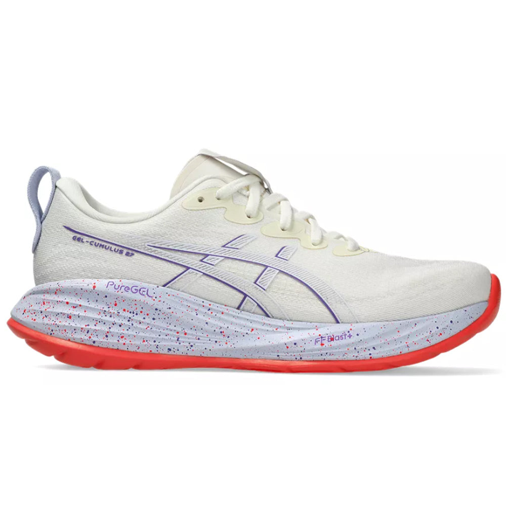 Side view on white background of Womens Asics Gel-Cumulus running shoe in Cream/Edo Purple, Medium (Regular) width