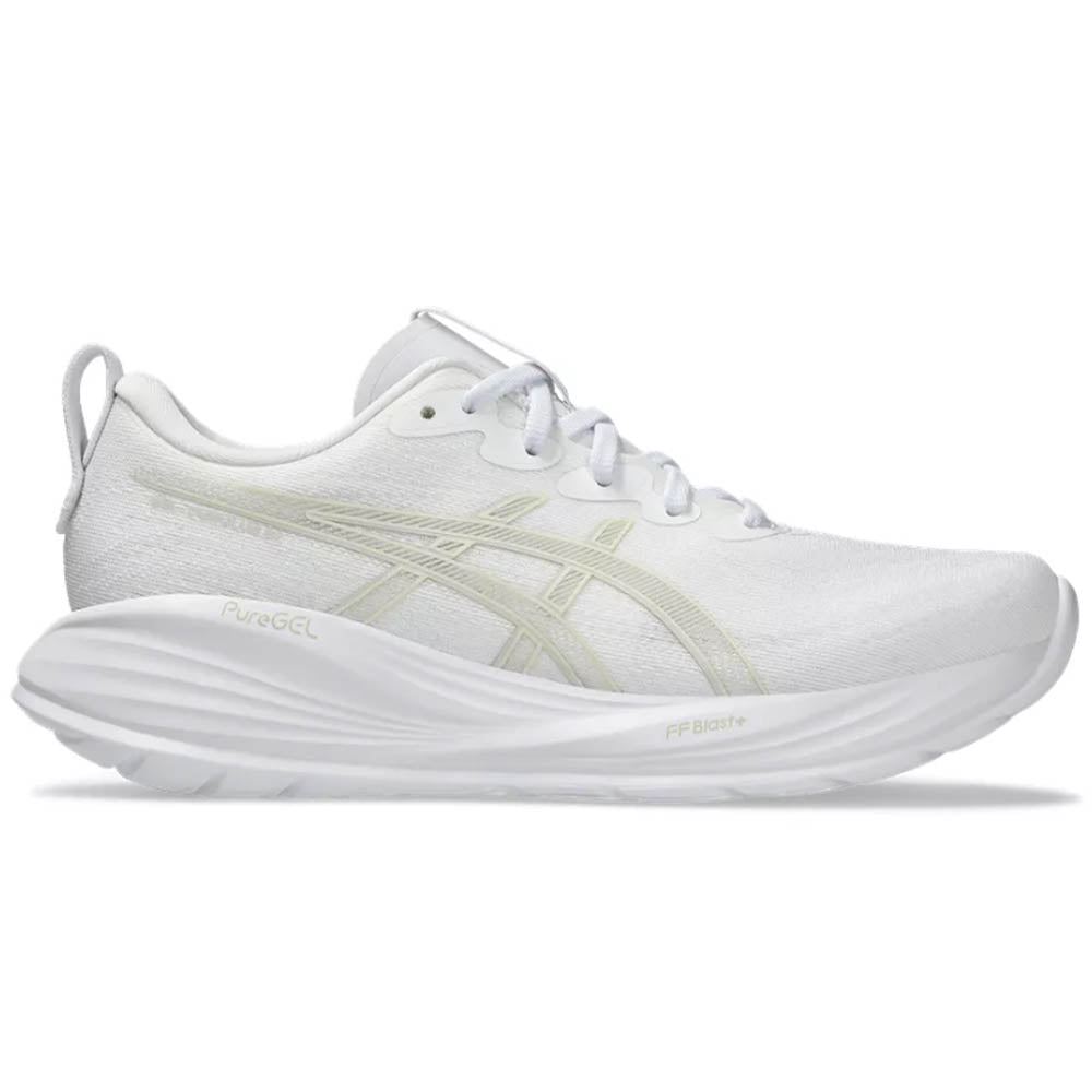 Side view on white background of Womens Asics Gel-Cumulus running shoe in White/Lake Grey, Medium (Regular) width