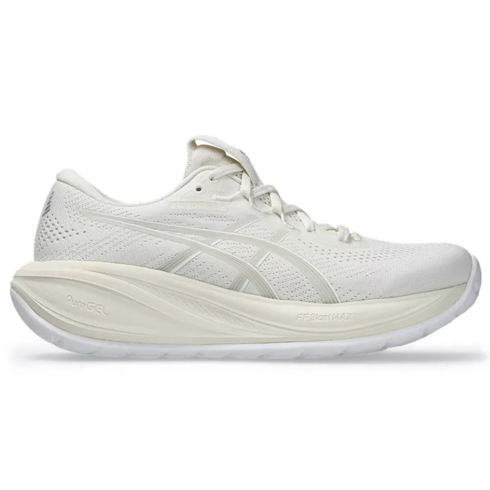 Side view on white background of Womens Asics Gel-Cumulus running shoe in Cream/Glacier Grey, Medium (Regular) width