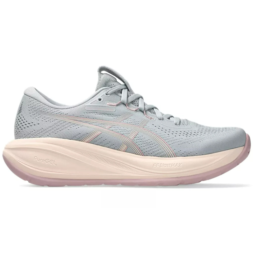 Side view on white background of Womens Asics Gel-Cumulus running shoe in Piedmont Grey/Pearl Pink, Medium (Regular) width
