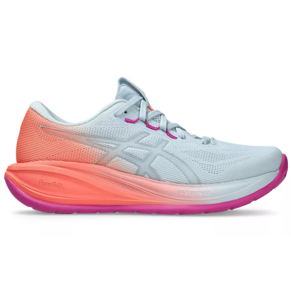 Side view on white background of Womens Asics Gel-Cumulus running shoe in Sky/Sun Coral, Medium (Regular) width