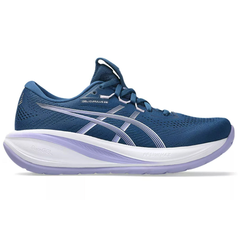 Side view on white background of Womens Asics Gel-Cumulus running shoe in Twilight Blue/Bluebell, Medium (Regular) width