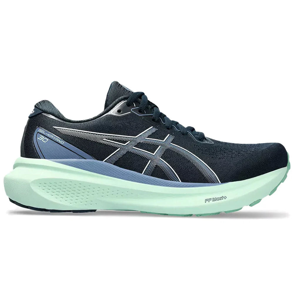 Side view on white background of Womens Asics Gel-Kayano running shoe in French Blue/Denim Blue, Wide width