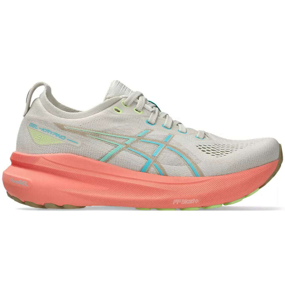 Side view on white background of Womens Asics Gel-Kayano running shoe in Birch/Energy Aqua, Medium (Regular) width
