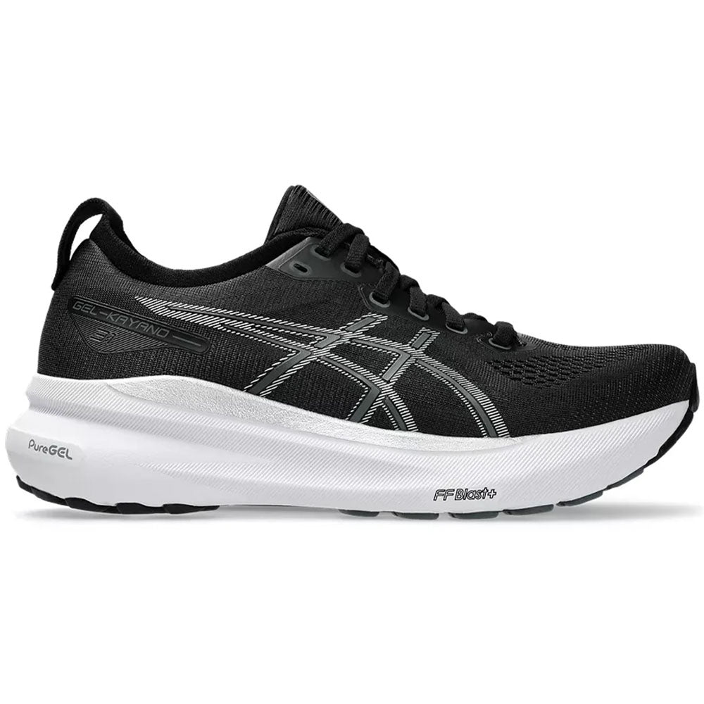 Side view on white background of Womens Asics Gel-Kayano running shoe in Black/Pure Silver, Narrow width