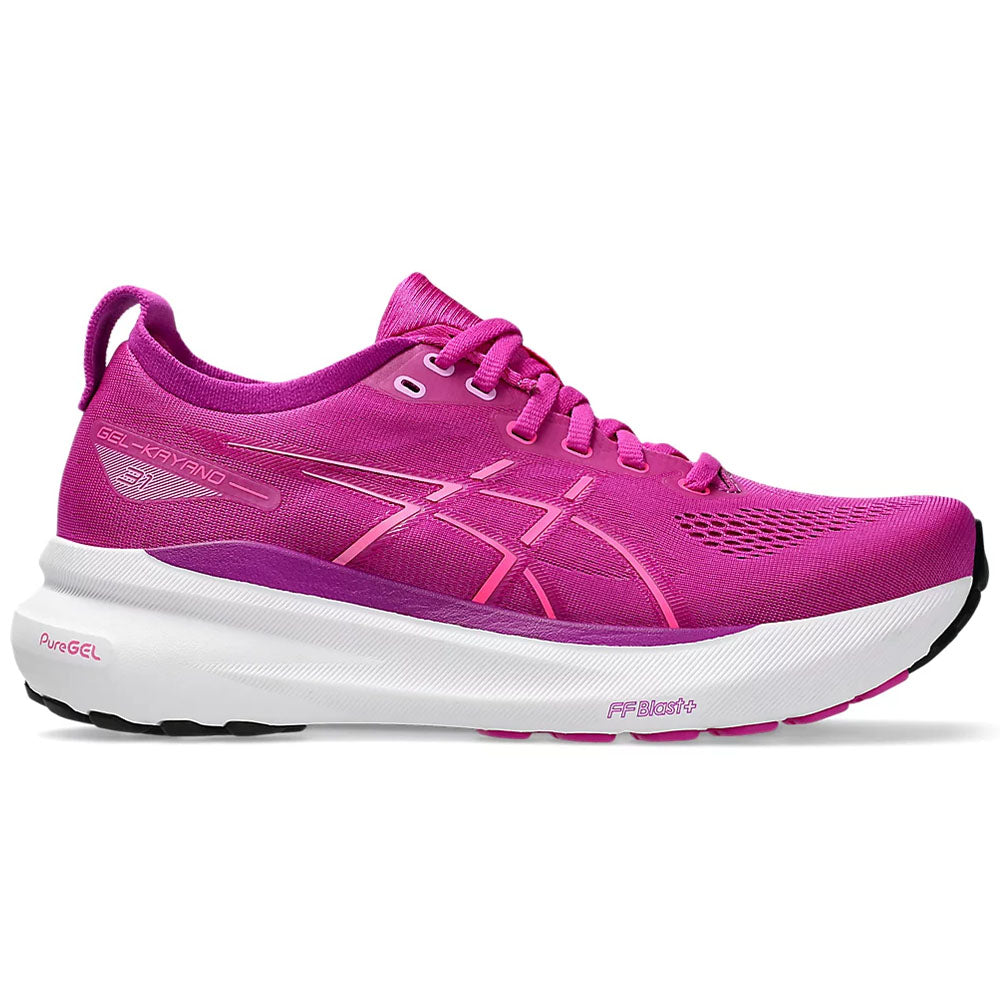 Side view on white background of Womens Asics Gel-Kayano running shoe in Bold Magenta/Purple Spectrum, Medium (Regular) width
