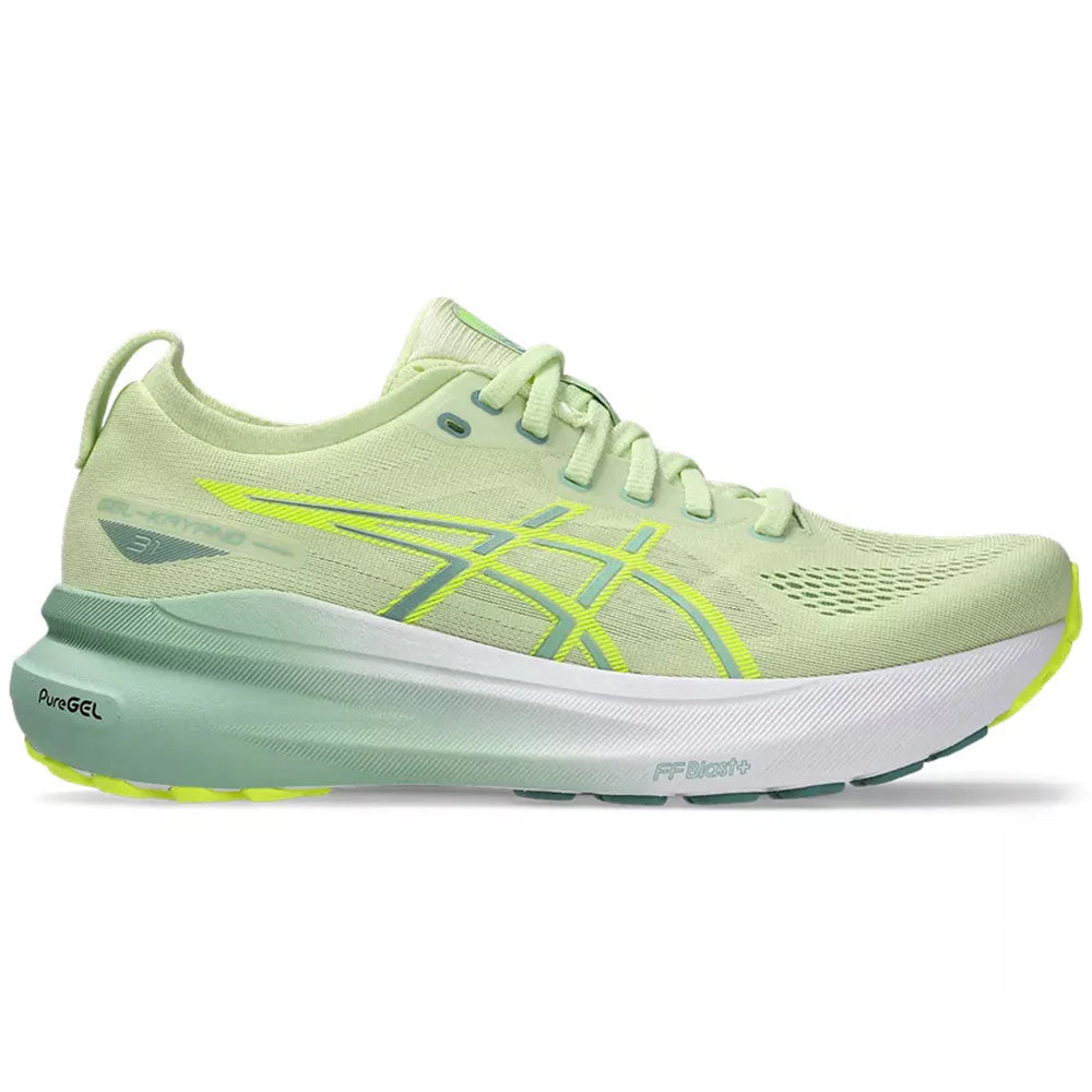 Side view on white background of Womens Asics Gel-Kayano running shoe in Cool Matcha/Light Celadon, Medium (Regular) width