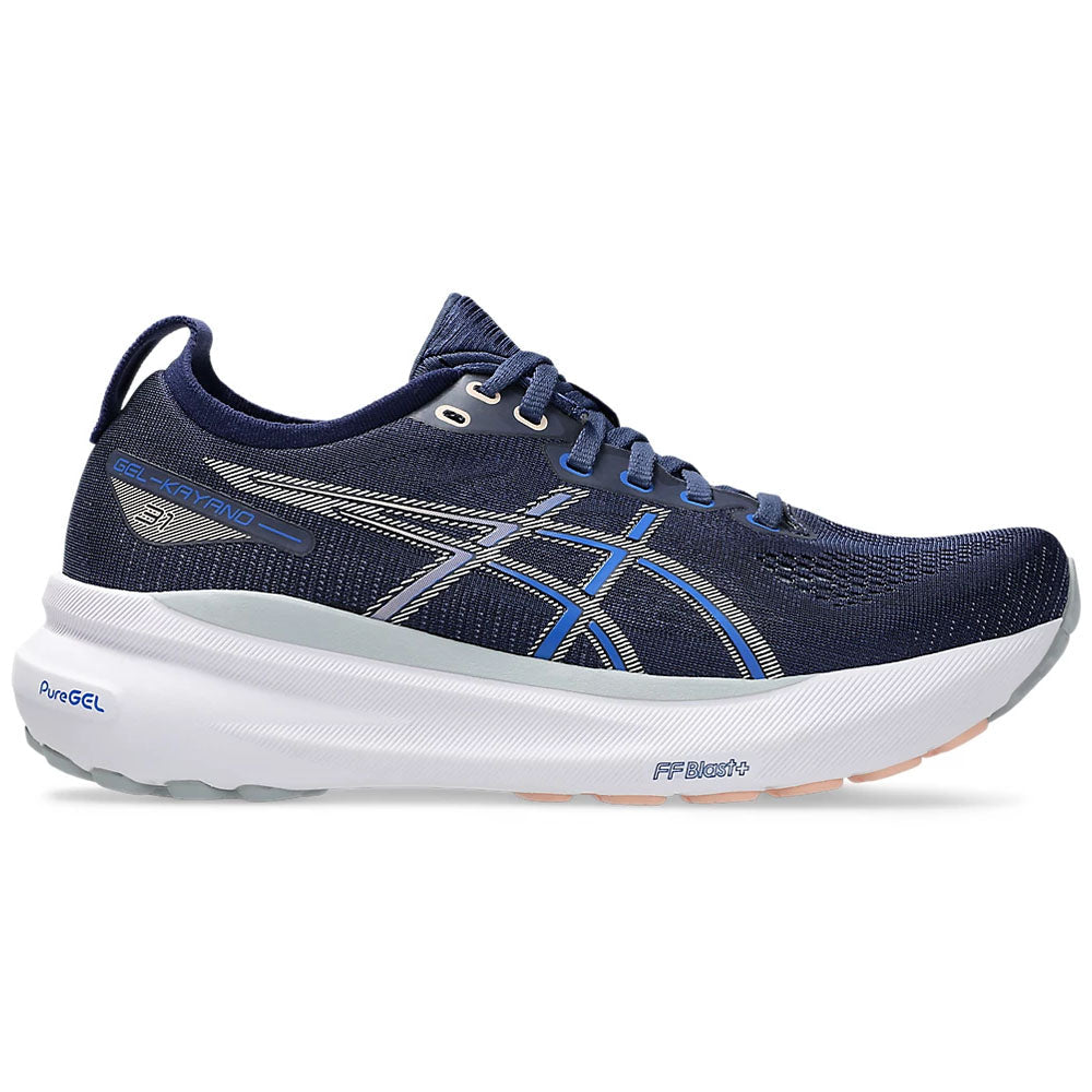 Side view on white background of Womens Asics Gel-Kayano running shoe in Indigo Blue/Pure Silver, Medium (Regular) width