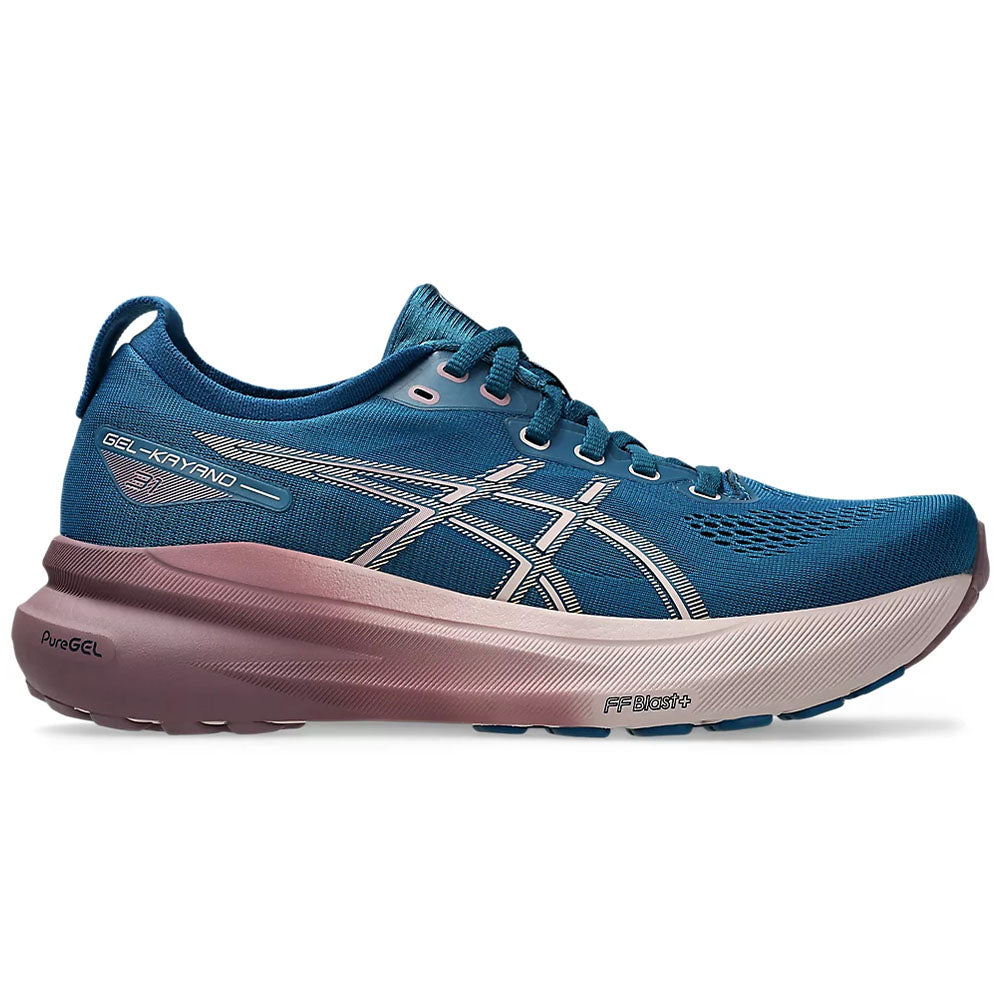 Side view on white background of Womens Asics Gel-Kayano running shoe in Rich Navy/Watershed Rose, Medium (Regular) width