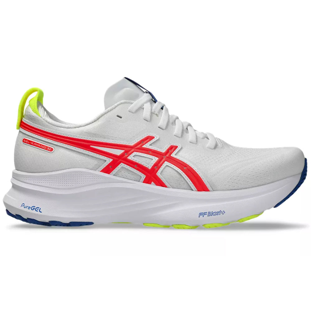 Side view on white background of Womens Asics Gel-Kayano running shoe in White/Flash Coral, Medium (Regular) width