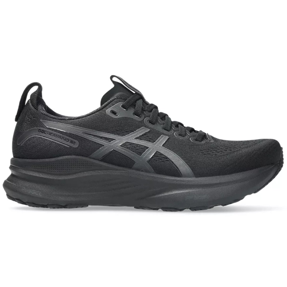 Side view on white background of Womens Asics Gel-Kayano running shoe in Black/Graphite Grey, Medium (Regular) width