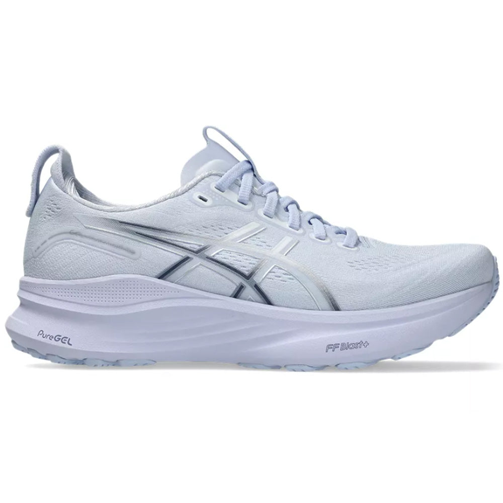 Side view on white background of Womens Asics Gel-Kayano running shoe in Blue Fade/Indigo Fog, Medium (Regular) width
