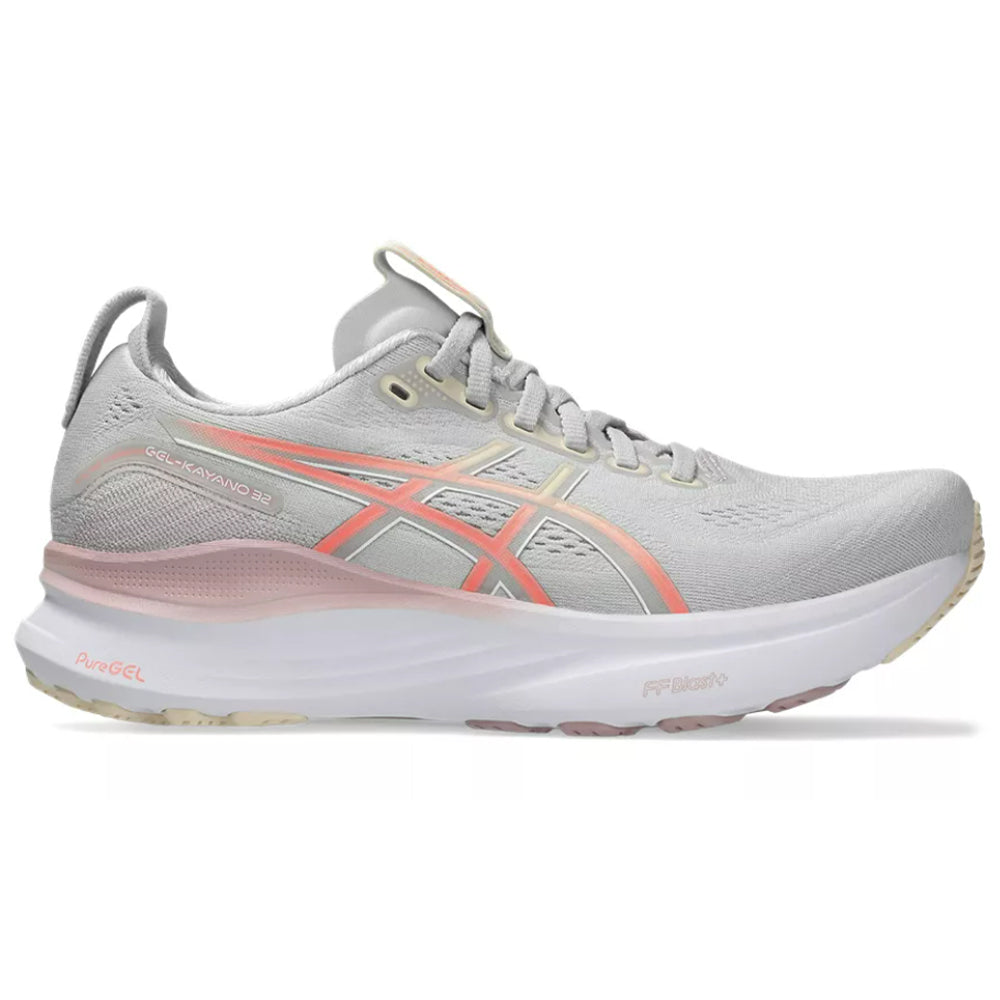 Side view on white background of Womens Asics Gel-Kayano running shoe in Cloud Grey/Seashell, Medium (Regular) width