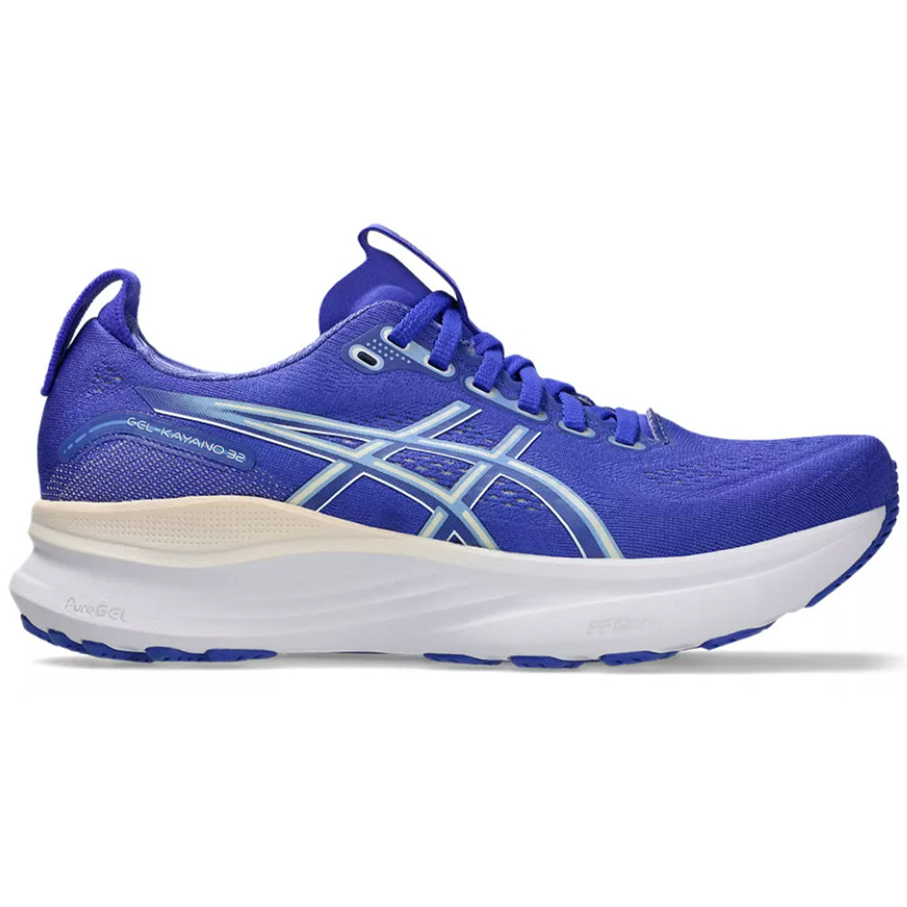Side view on white background of Womens Asics Gel-Kayano running shoe in Cobalt Burst/Pure Silver, Medium (Regular) width