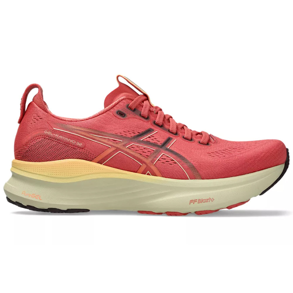 Side view on white background of Womens Asics Gel-Kayano running shoe in Dark Pink Clay/Dark Currant, Medium (Regular) width