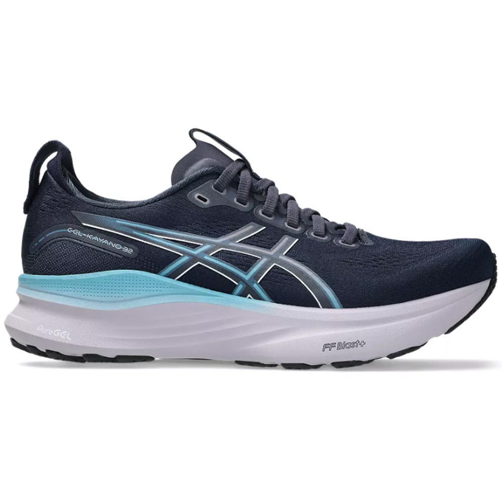 Side view on white background of Womens Asics Gel-Kayano running shoe in Midnight/Stillwater, Medium (Regular) width