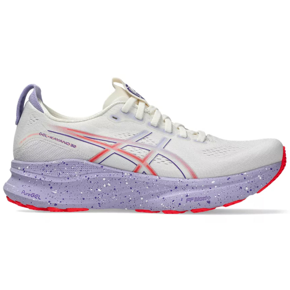 Side view on white background of Womens Asics Gel-Kayano 32 running shoe in Cream/Edo Purple, Medium (Regular) width
