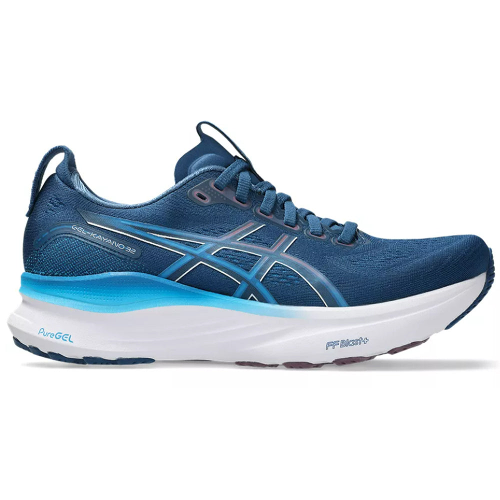 Side view on white background of Womens Asics Gel-Kayano running shoe in Twilight Blue/Velvet Purple, Medium (Regular) width
