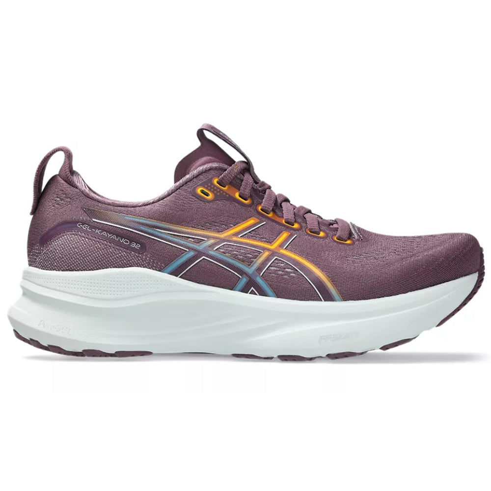 Side view on white background of Womens Asics Gel-Kayano running shoe in Velvet Purple/Saba Blue, Medium (Regular) width
