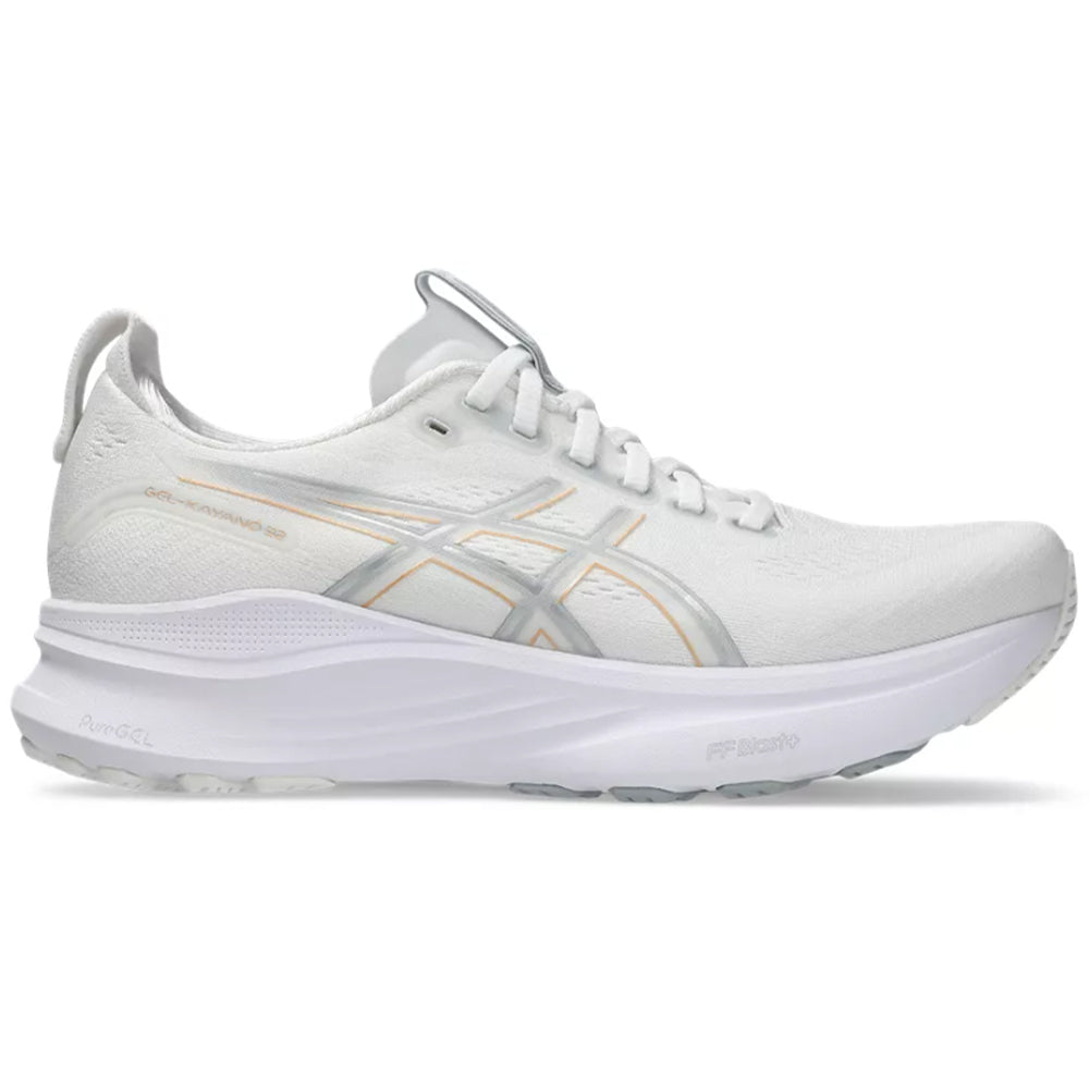 Side view on white background of Womens Asics Gel-Kayano running shoe in White/Champagne, Medium (Regular) width