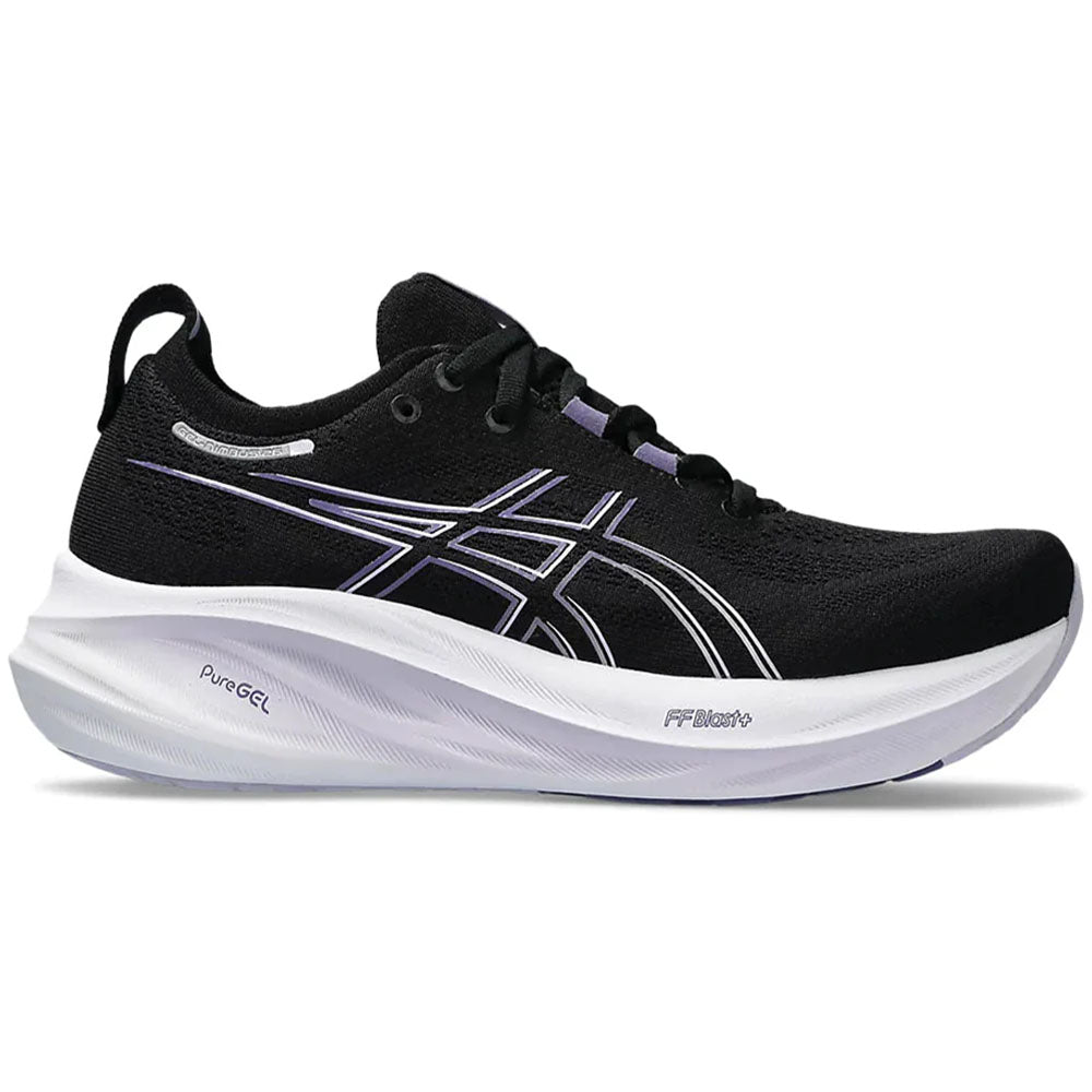 Side view on white background of Womens Asics Gel-Nimbus running shoe in Black/Dusty Purple, Medium (Regular) width