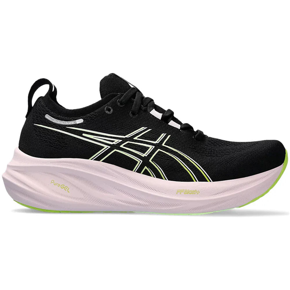 Side view on white background of Womens Asics Gel-Nimbus running shoe in Black/Neon Lime, Medium (Regular) width