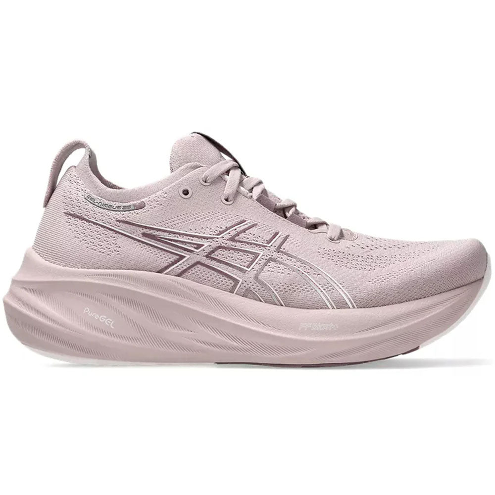 Side view on white background of Womens Asics Gel-Nimbus running shoe in Watershed Rose/White, Wide width