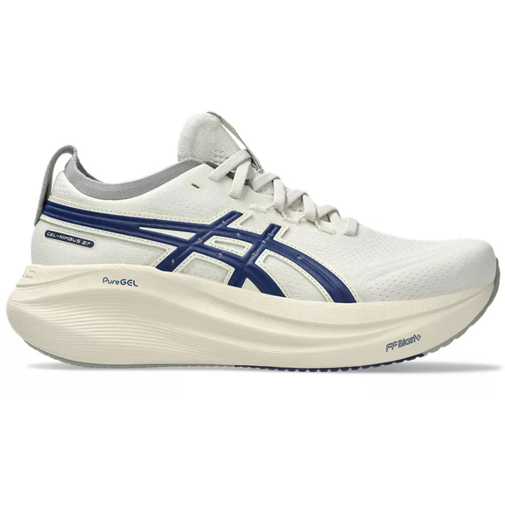 Side view on white background of Womens Asics Gel-Nimbus running shoe in Birch/Indigo Blue, Medium (Regular) width