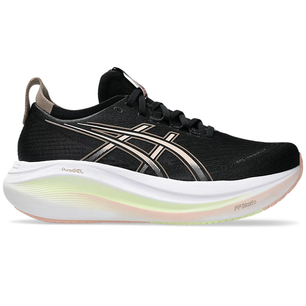Side view on white background of Womens Asics Gel-Nimbus 27 running shoe in Black/Breeze, Medium (Regular) width
