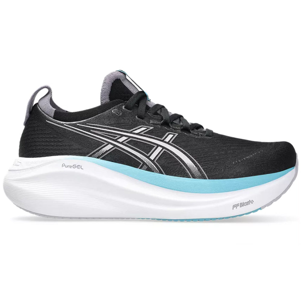 Side view on white background of Womens Asics Gel-Nimbus running shoe in Black/Dusk Violet, Medium (Regular) width