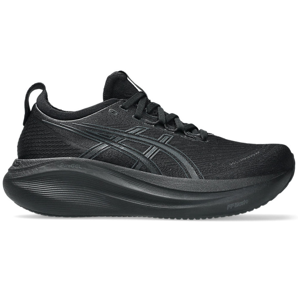Side view on white background of Womens Asics Gel-Nimbus running shoe in Black/Graphite Grey, Wide width