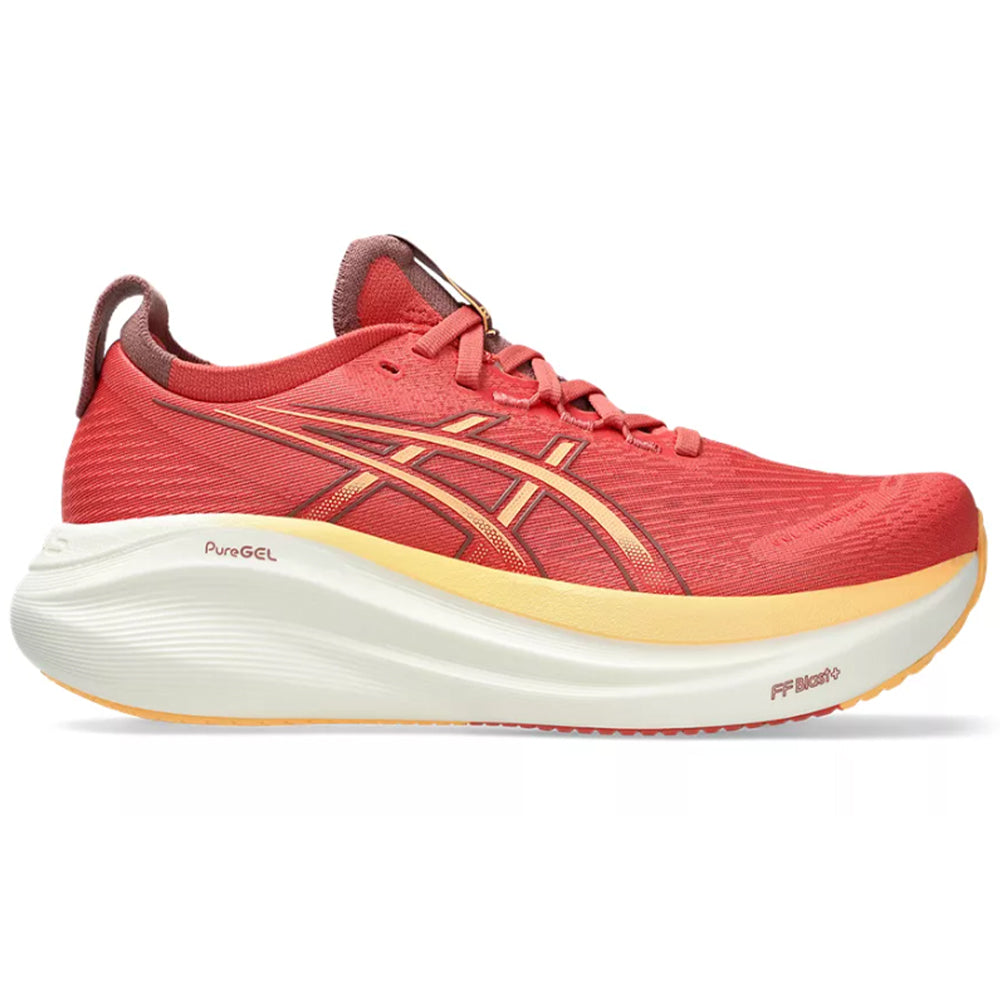 Side view on white background of Womens Asics Gel-Nimbus 27 running shoe in Dark Pink Clay/Orange Glow, Wide width