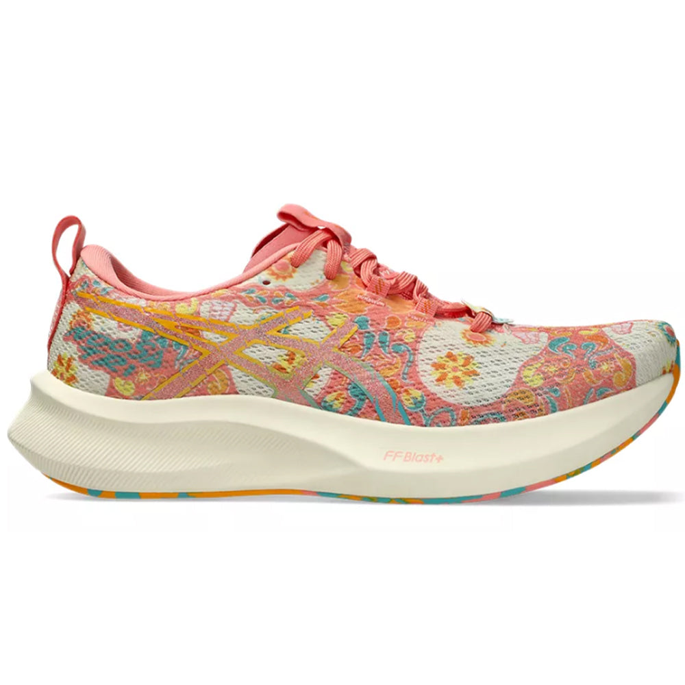 Side view on white background of Womens Asics Noosa Tri running shoe in Guava/Techno Cyan, Medium (Regular) width