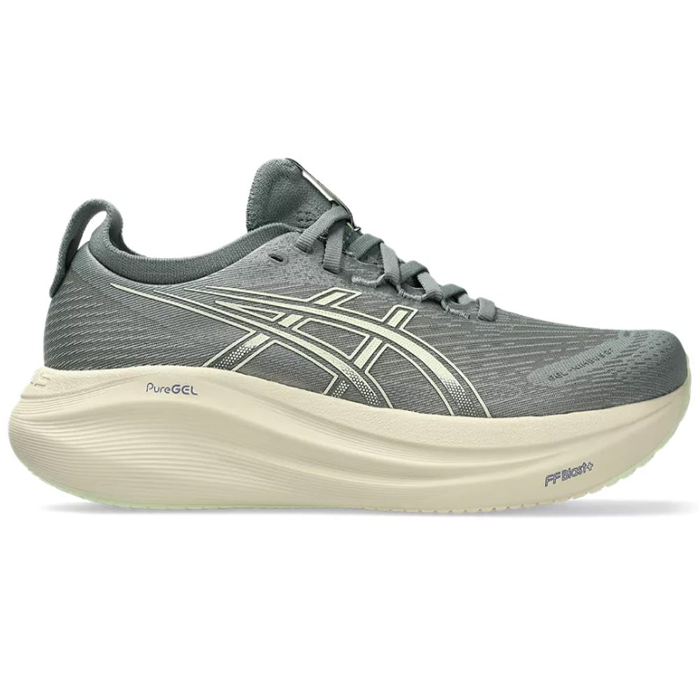 Side view on white background of Womens Asics Gel-Nimbus running shoe in Monument Blue/Whisper Green, Medium (Regular) width