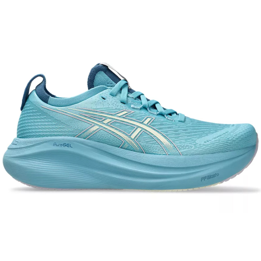 Side view on white background of Womens Asics Gel-Nimbus running shoe in Stillwater/Cream, Medium (Regular) width