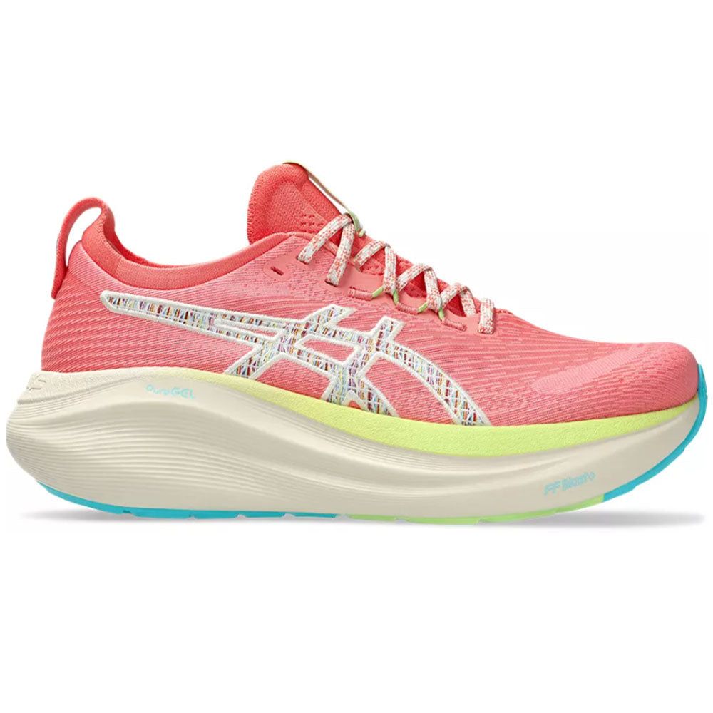 Side view on white background of Womens Asics Gel-Nimbus running shoe in Nature Bathing/Guava, Medium (Regular) width