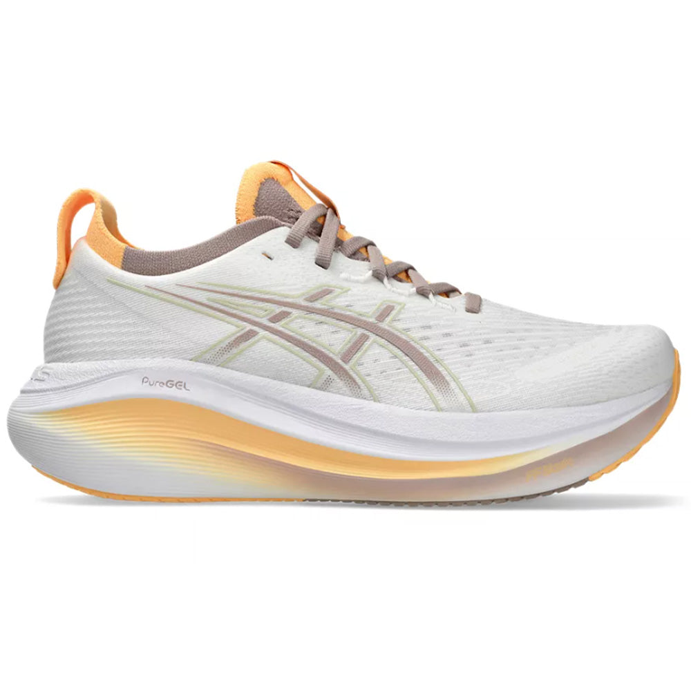 Side view on white background of Womens Asics Gel-Nimbus 27 running shoe in White/Fawn, Medium (Regular) width
