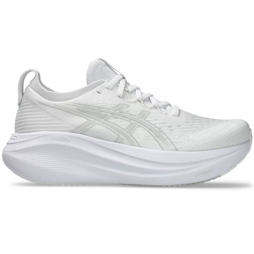 Side view on white background of Womens Asics Gel-Nimbus running shoe in White/Glacier Grey, Medium (Regular) width
