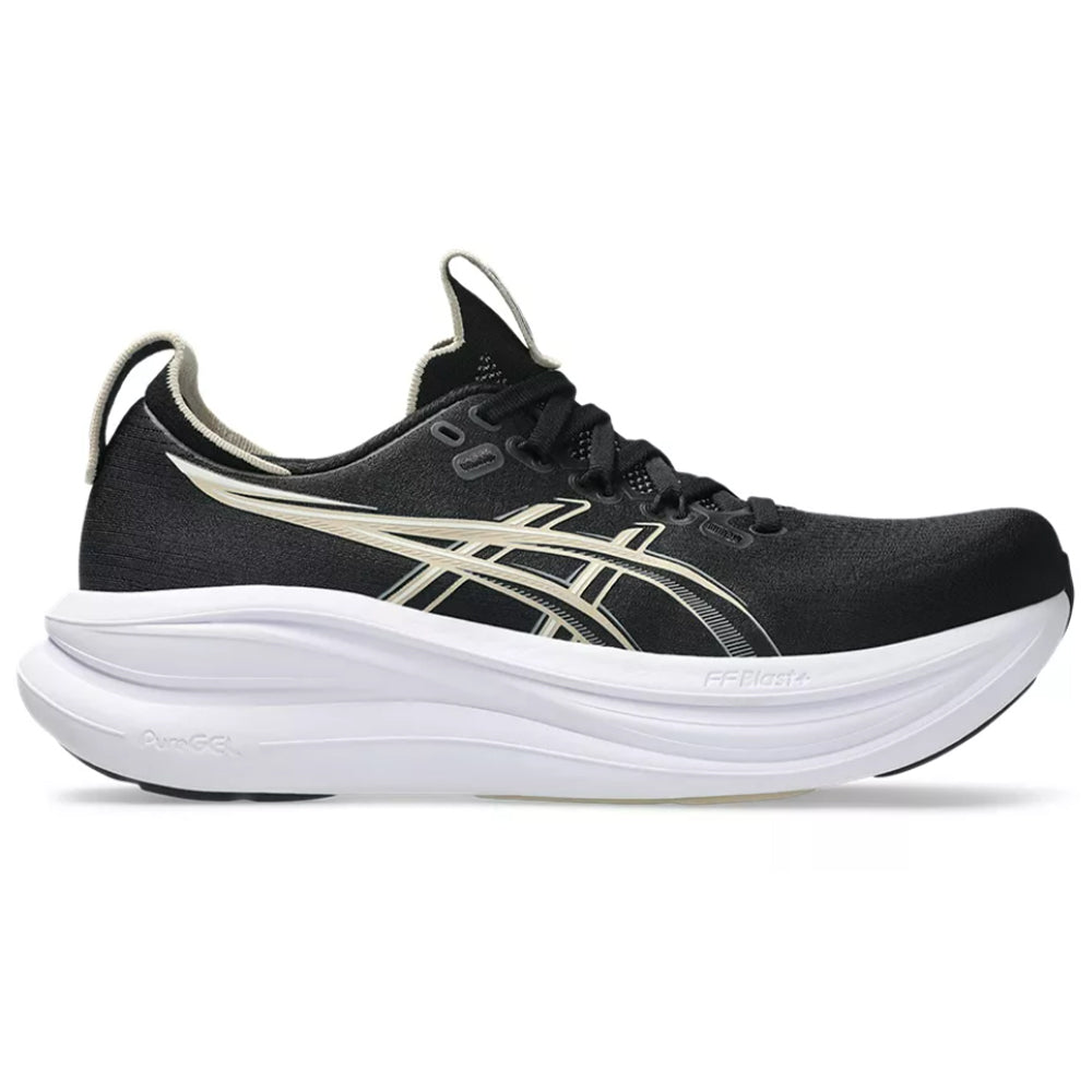 Side view on white background of Womens Asics Gel-Nimbus running shoe in Black/Feather Grey, Medium (Regular) width
